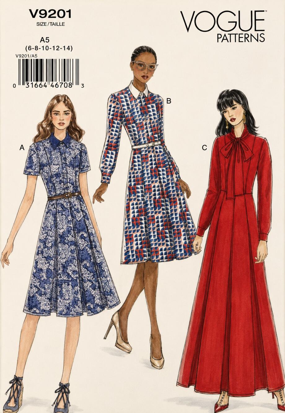 Vogue Patterns V9201 Petite Dress Button Front Collared Belt Dress Size 6-14 UC